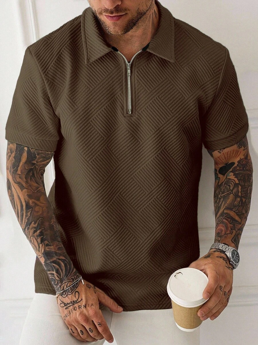Manfinity Homme Men's Solid Color Short Sleeve Zipper Design Casual Commute Polo Shirt - Coffee Brown - View 1