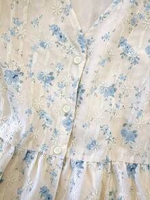 Franclia 女款奶油藍夏季花卉休閒V領泡泡袖刺繡分層中長洋裝，適合度假約會 - 藍色 - 查看 4