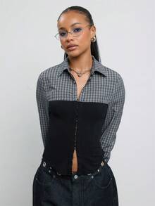 COUREZ 長袖雙層格紋襯衫附束腰 /Y2K可愛上衣 秋季穿搭 外出上衣 秋季女裝 秋季服飾 秋季女裝套裝 - 黑色 - 查看 4