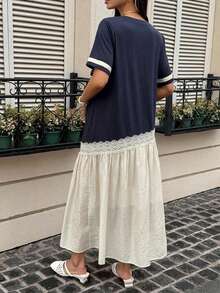 DAZY Color Block Patchwork Round Neck Casual Loose Short Sleeve Long Maternity Dress For Spring And Summer - Navy Blue - View 2
