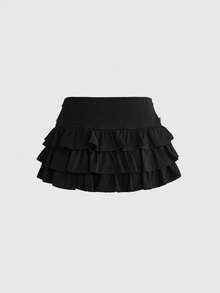 ROMWE Y2K Rok Wanita Vintage Napoleon dengan Desain Gesper Logam dan Anyaman Blok Warna, Hem Bergelombang, dan Pinggang Sangat Rendah - Hitam - View 2