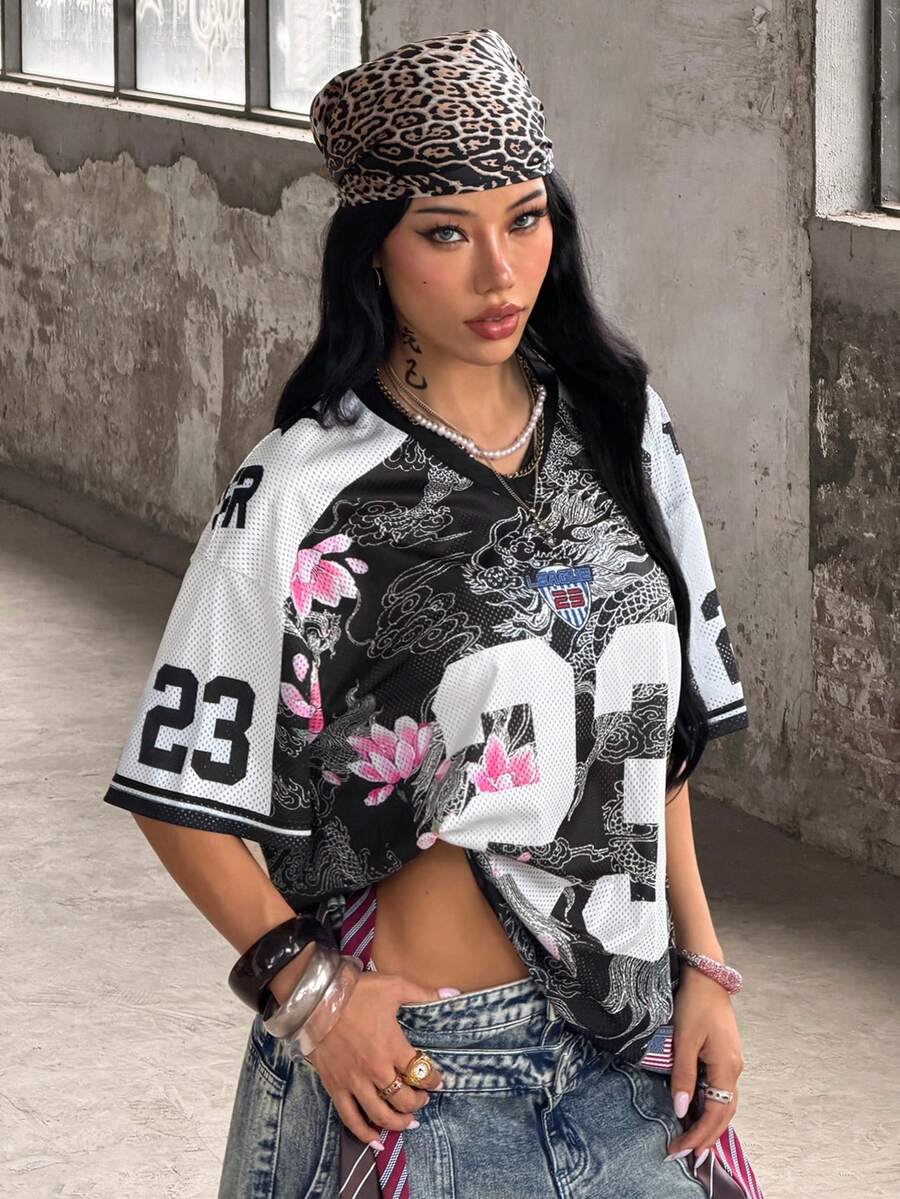 Coolane 女款夏季祭典復古街頭風運動風數字印花寬鬆版棒球球衣T恤