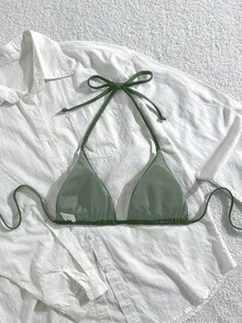 Oceva 女款夏季海灘度假極簡純色孔眼細節露背繫帶比基尼上衣 - 綠色 - 查看 2