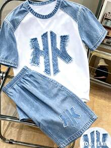 SHEIN 青少年男孩數位英文圖案短袖上衣與短褲套裝，春夏休閒舒適時尚款，適合外出、戶外運動、野餐、街拍、度假、假期，適合作為禮物 - 彩色 - 查看 5