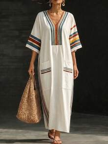 SHEIN LUNE CURVE Plus Size Women's Casual V-Neck Striped Print Loose Long Dress,Autumn Boho Beach Vacation Beach Vacation Holiday Dress White Fall - Apricot - View 1
