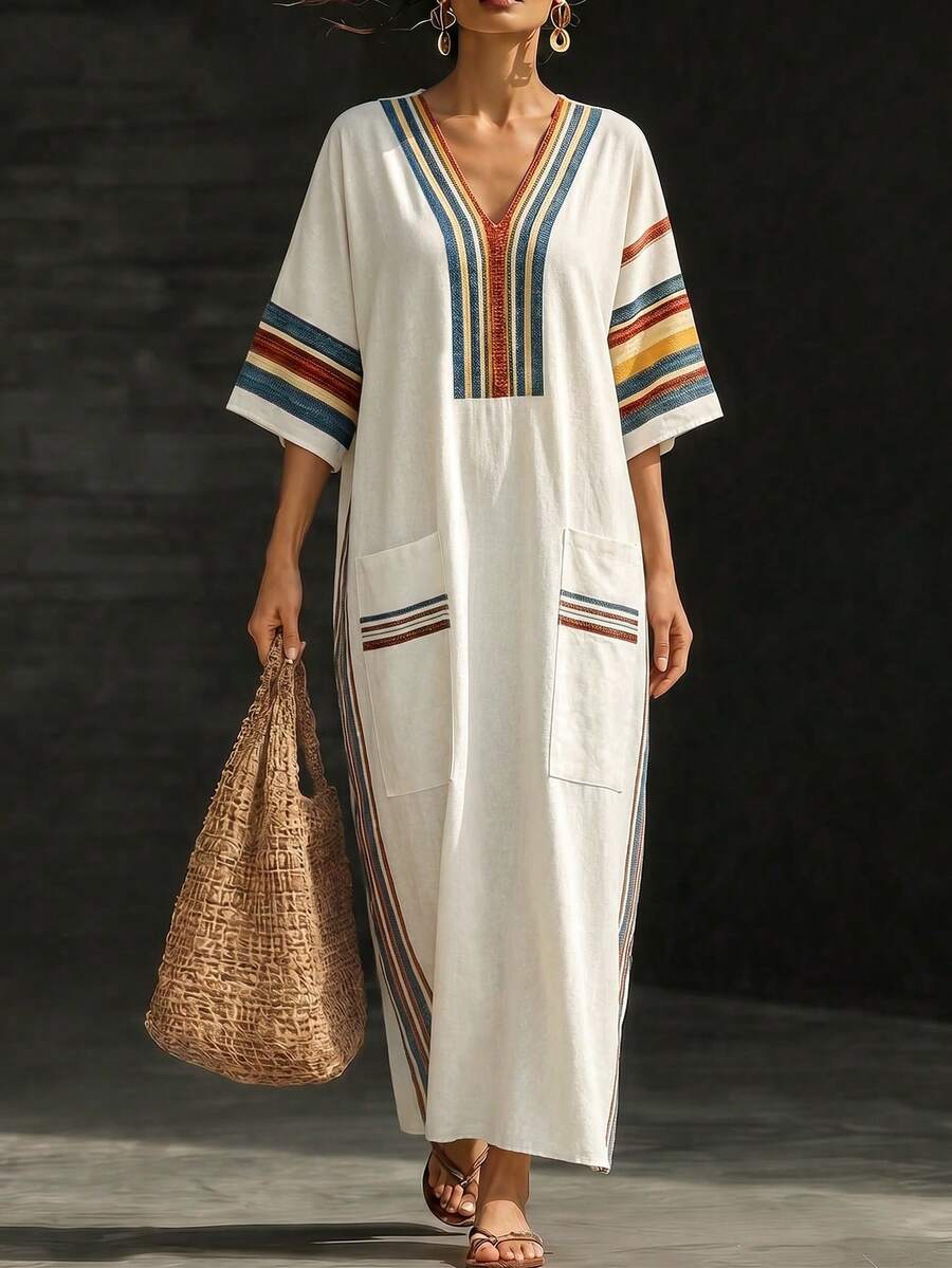 SHEIN LUNE CURVE Plus Size Women's Casual V-Neck Striped Print Loose Long Dress,Autumn Boho Beach Vacation Beach Vacation Holiday Dress White Fall - Apricot - View 1