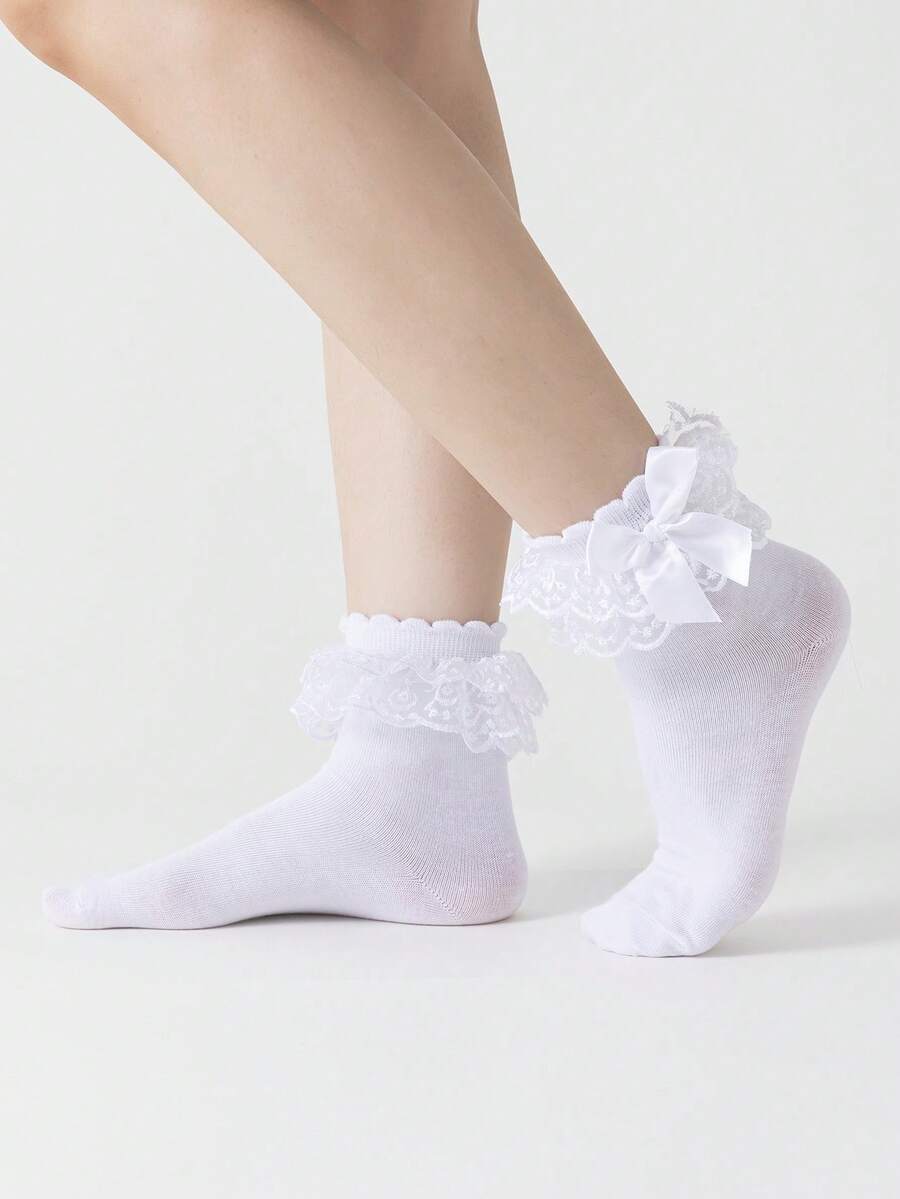 ROMWE Kawaii Women's Mid-Calf Socks With Ruffle Trim & Bow Decor - White A1 - View 1