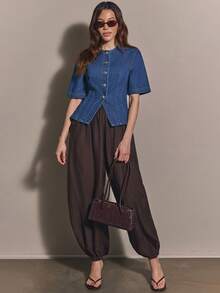 COSMINA Denim 女款短袖單排扣休閒牛仔襯衫 - 藍色 - 查看 3