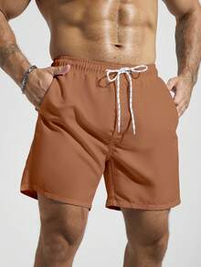 Manfinity KASUA Men's Drawstring Waist Pocket Beach Shorts For Vacation - Rust Brown - View 5