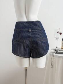Elamini Festival Size 女款夏季藍色彈性條紋修身牛仔短褲 夏日穿搭 - 中等水洗藍 - 查看 2