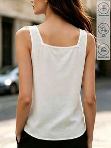 SHEIN Holidaya Women's Summer Casual Vacation White Square Neck Asymmetric Button Slit Textured Sleeveless Tank Top, Single-Breasted Asymmetrical Hem Blouse, Square Neck Asymmetric Button Tank, Slit Hem Shirt, Elegant, Fresh, Fashionable, Romantic, High-End, Urban Street Style, Daily Dating, Afternoon Tea Gathering, Vacation Travel, Romantic Party, Daily, Beach, Women's Elegant Top, Women's Summer Shirt, White Casual Shirt, Versatile, Commute, Meeting, Business Negotiation, Daily Office, Evening Party, Graduation Ceremony, Urban Teacher Professional Attire - White - View 2