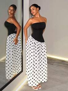 BamGleam Elegant Sexy Bandeau A-Line High Slit Polka Dot Patchwork Women's Dress Day Party Bar Party Black And White Polka Dot Summer - Black and White - View 7