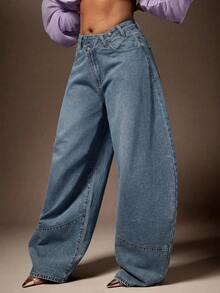 Vixey Women's Casual Washed Asymmetric Waist Curved Leg Denim Jeans - Medium Wash - View 4