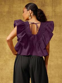 Vixey Top de tejido sólido con cuello en V, mangas de pétalos con volantes y bajo peplum - Morado - Ver 2