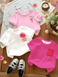 SHEIN LMoss Kids 3件組復古時尚度假卡通印花女嬰休閒極簡短袖圓領T恤，適合四季日常穿著、上學、外出、街拍、度假、返鄉，新風格、隨性時髦 - 彩色 - 查看 2
