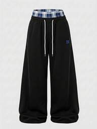 TOKVUE Manfinity Hypemode Men's Casual Street Style 2 In 1 Sweatpants, Thick Knit Joggers With Elastic Waistband And Drawstring, Minimalist Small Embroidered Pattern; Versatile Style, Suitable For Daily Wear, Fashionable Looks, Back To School Season, Outdoor Activities, Leisure Time, Sports And Fitness; Also A Great Holiday Gift Or Thoughtful Gift For Boyfriend; Wide Leg Fit.
