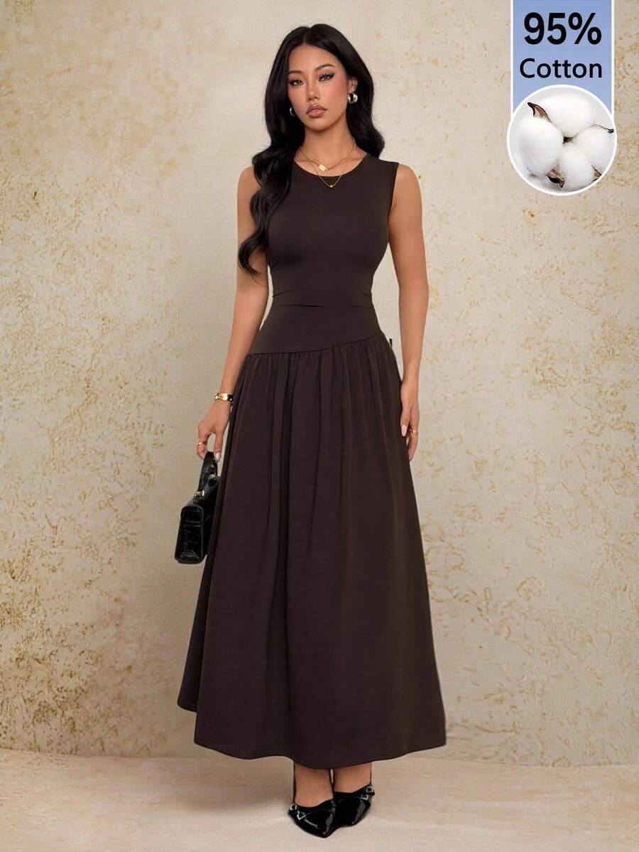 SHEIN PETITE Vestido casual diario para mujer de estilo minimalista, unicolor, sin mangas, con cintura plisada y bajo acampanado, vestido marrón chocolate de verano para cumpleaños, vestido largo marrón, vestido elegante marrón, vestido marrón para invitada de boda, vestido marrón, vestido de noche marrón, vestido marrón para mujer - Marrón - Ver 1