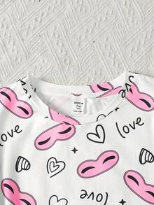 SHEIN 青少年女孩夏季休閒簡約趣味圖案滿版印花短袖T恤與短褲兩件套，居家服套裝，適合春夏日常休閒穿著 - 淺粉色 - 查看 4