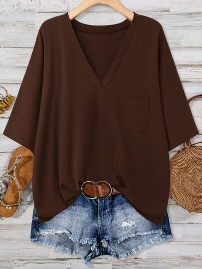 SHEIN LUNE تي شيرت قطني أخضر مقاس كبير للنساء بياقة على شكل حرف V وجيب للصيف