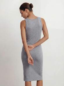 Ocili Studio Women's Spring/Summer Basic Casual Minimalist Dark Grey Rib Fabric Camisole Dress, Loungewear - Light Grey - View 2