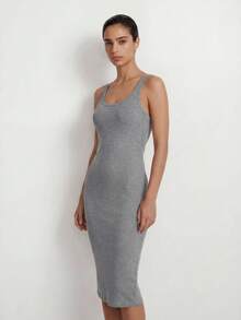 Ocili Studio Women's Spring/Summer Basic Casual Minimalist Dark Grey Rib Fabric Camisole Dress, Loungewear - Light Grey - View 5