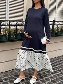 DAZY 對比色拼接小圓領休閒寬鬆短袖長版孕婦洋裝，適合春夏 - 藏蓝色 - 查看 4