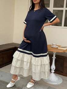 DAZY Vestido largo de maternidad casual holgado de manga corta con cuello redondo pequeño y patchwork de bloques de color para primavera y verano - Azul Marino - Ver 3
