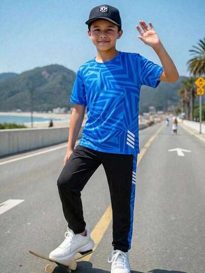 Conjunto de 2 piezas para adolescente chico, camiseta de manga corta casual y pantalones, ropa deportiva, streetwear, punk rock, estilo escolar, adecuado para primavera & verano, uso diario, fiesta