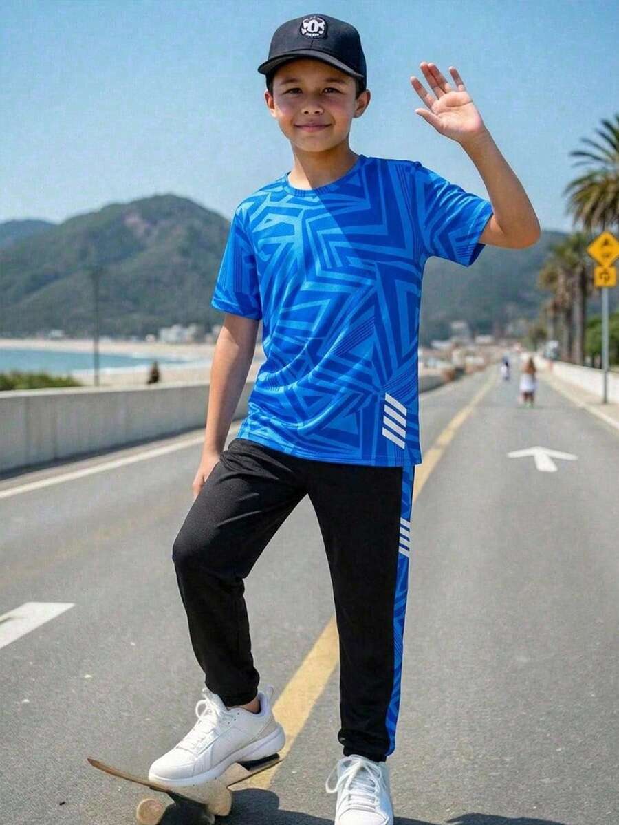 SHEIN 青少年男孩 2件/套休閒短袖上衣與長褲套裝,運動風、街頭風、龐克搖滾、校園風,適合春夏日常穿著與派對 - 彩色 - 查看 1