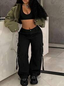 Slaydiva Pantalon cargo femme vintage streetwear noir à poches multiples avec design de ruban, pantalon long décontracté pour le trajet et les vacances - Noir - Voir 15