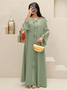 Yasmyna Women's Contrast Color Trim Bow Decor Elegant Long Sleeve Turkish Maxi Dress - Green - View 5