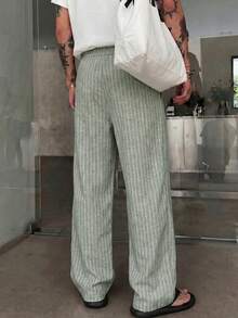 STEELVANCE 男士夏季休閒度假直條紋長褲 - 綠色 - 查看 2