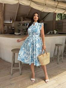 Firerie Nouvelle robe midi d'été grande taille en maille imprimée, fluide, bleue, à petit col montant, taille cintrée, petites manches volantées, ourlet à volants et coupe évasée / Tenue élégante pour le bureau, le travail et les trajets / Robe de style sirène Top de gamme pour banquet / Plage, vacances / Tenue de rue quotidienne / Moderne et élégante - Bleu azur - Voir 1