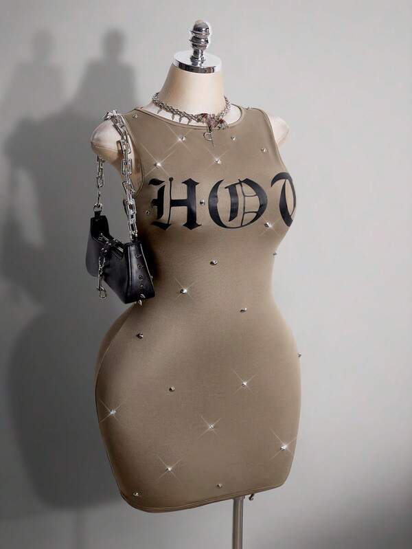 SHEIN ICON 大尺碼性感 Y2K 復古鉚釘裝飾女款迷你洋裝
