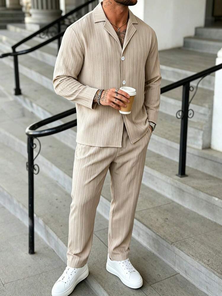 Manfinity Homme Men's Casual Versatile Solid Color Shirt And Long Pants - Khaki - View 4