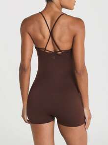 11SKNDS Strappy Crossback Short Romper With Scoop Neckline And Built-In Support Sleeveless One-Piece Unitard For Yoga Pilates And Summer Activewear - Chocolate Brown - View 2