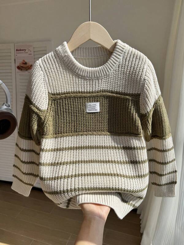 SHEIN Sweater Anak Laki-Laki, Sweater Pullover Leher Bulat Musim Gugur/Dingin, Atasan Rajut Tebal Bergaris, Blok Warna Garis Lebar, Rajut Lembut, Gaya Mahasiswa Anak Laki-Laki