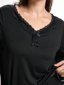 Slumbrini 大码女式撞色蕾丝蝴蝶结装饰长袖上衣和裤子睡衣家居服，秋冬服装 - 黑色 - 查看 6