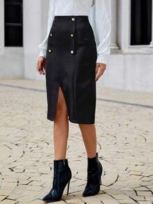 SHEIN Cottnline High Waist Fake Button Split Thigh Skirt - Black - View 3