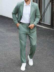 Manfinity Mode Men's Business Casual Commute Jacket & Pants Suit Set - Green - View 4