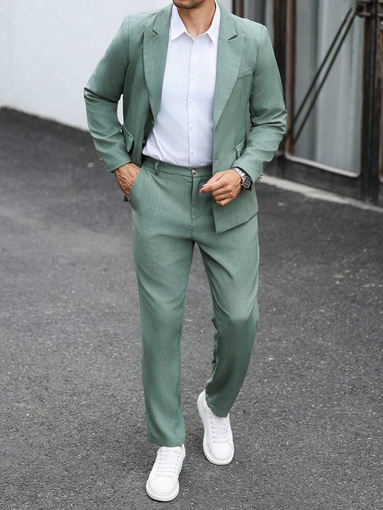 Manfinity Mode Men's Business Casual Commute Jacket & Pants Suit Set - Green - View 4