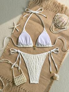 SHEIN Swim 2件組蕾絲網紗掛脖三角比基尼上衣綁繩泳褲性感熱帶時尚泳裝套裝 白色夏季派對度假款 - 白色 - 查看 2