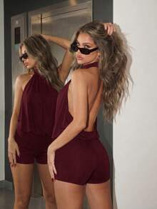 SHEIN ICON Y2K夏季女款派對外穿黑色性感哥德風露背裝 - 酒紅色 - 查看 2