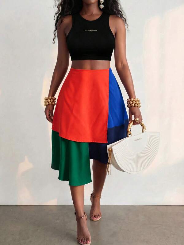 BamGlimmer Women's Colorblock Casual Scandalous Versatile Daily Party Vacation Skirt Orange And Blue Summer