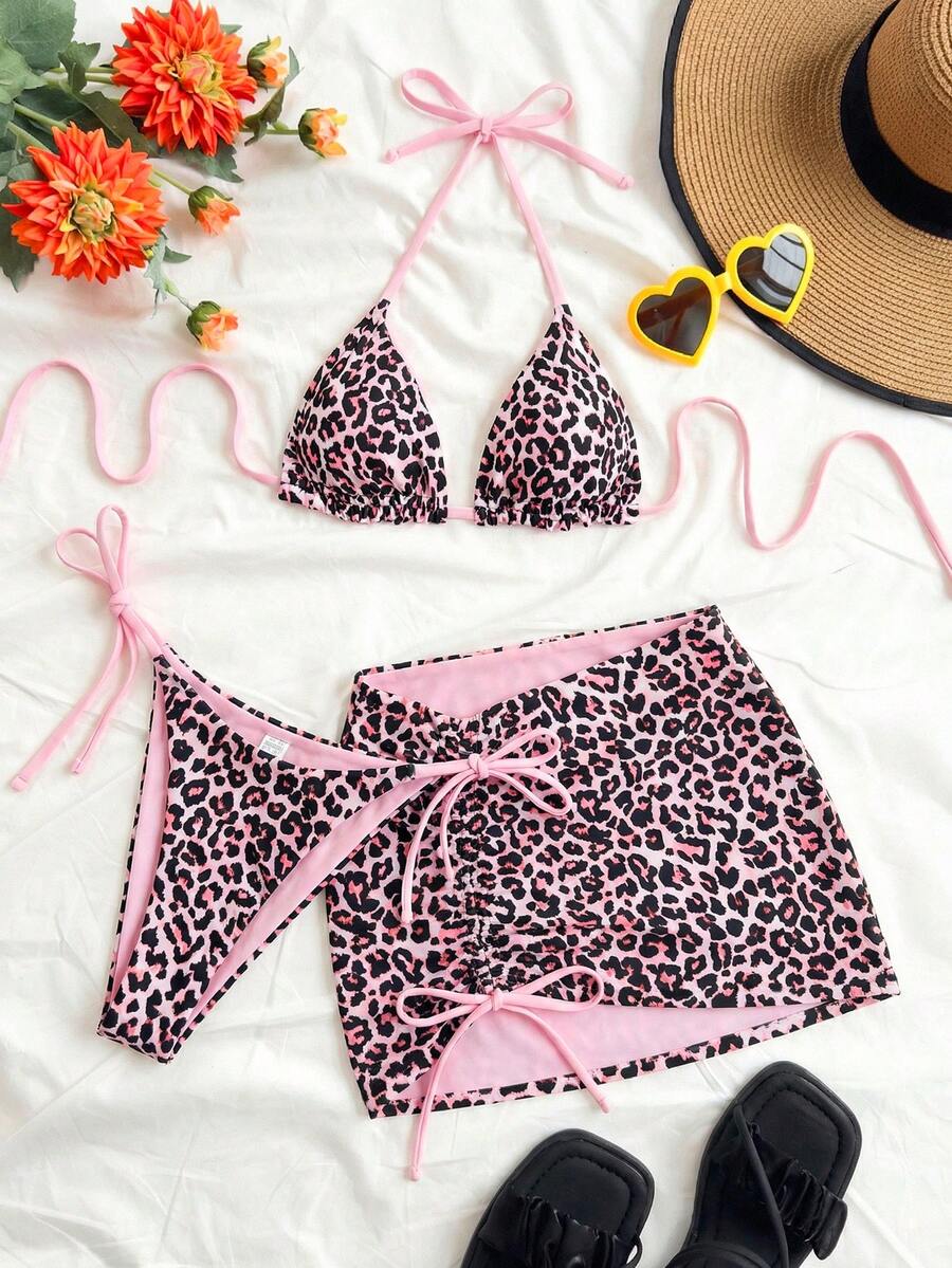 Soleia Plus Size Women Leopard Print Contrast Red Bikini 3 Pieces Set Plus Size Bathing Suits Women - Pink - View 1