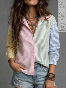 SHEIN LUNE Camisa casual de manga larga a rayas con un solo botón para mujer de talla grande - Rosa - Ver 1