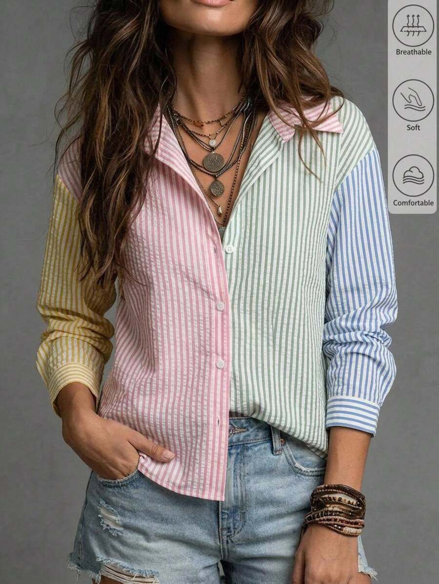 SHEIN LUNE Camisa casual de manga larga a rayas con un solo botón para mujer de talla grande - Rosa - Ver 1