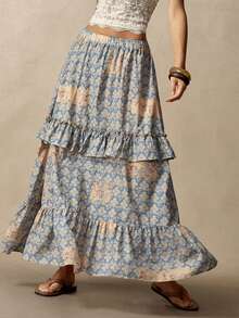Bohemela Women's Elastic Waist All-Over Print Pleated Casual Versatile Daily Skirt - Blue - View 3