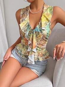 Femesol Top de tirantes con cuello en V, volantes y estampado de leopardo & cebra patchwork para mujer - Multicolor - Ver 5