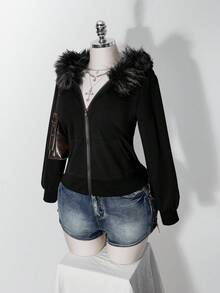 SHEIN ICON 大尺碼女款 Y2K 復古毛領拼接休閒運動外套夾克，附口袋 - 黑色 - 查看 4